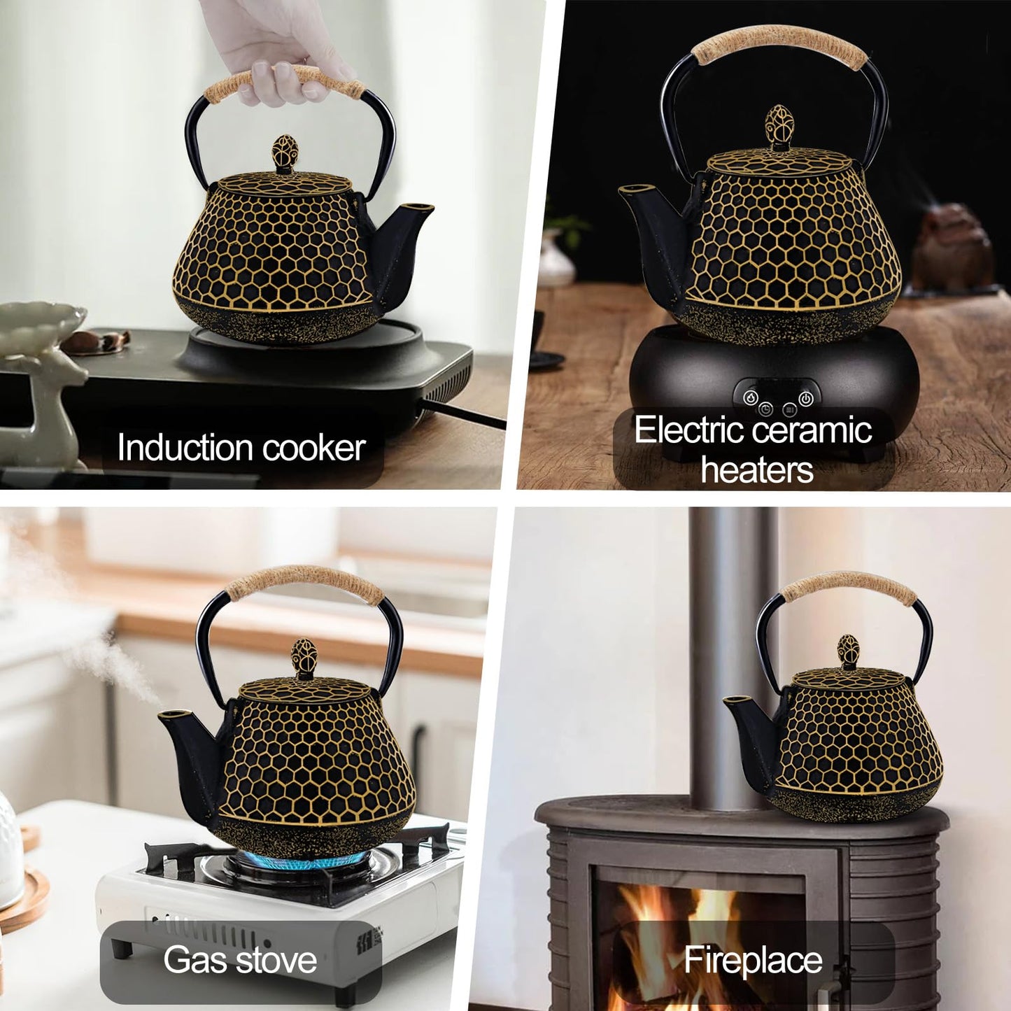 Cast Iron Tea Pot - Honeycomb Pattern Tea Kettle with Tea Leaf Infuser,Stovetop Tea Kettle Coated with Enameled Interior,Suitable for Brewing Loose Leaf Tea (Gold)