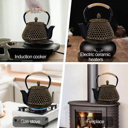 Cast Iron Tea Pot - Honeycomb Pattern Tea Kettle with Tea Leaf Infuser,Stovetop Tea Kettle Coated with Enameled Interior,Suitable for Brewing Loose Leaf Tea (Gold)
