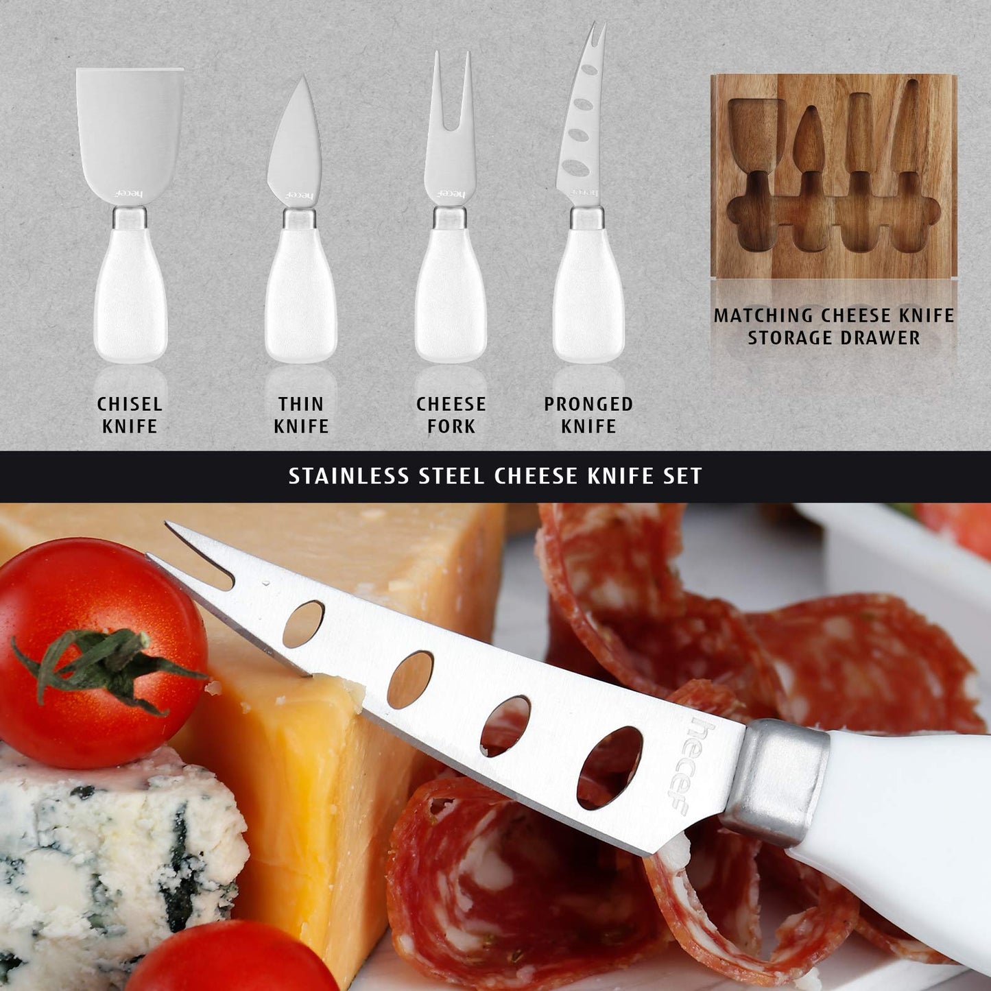 hecef Cheese Board Set Acacia Wood - Large Charcuterie Board with Stainless Steel Knife Set, Thick Wooden Server - Fancy House Warming, Birthday Choice for Gourmets, Feast, Cheese Serving