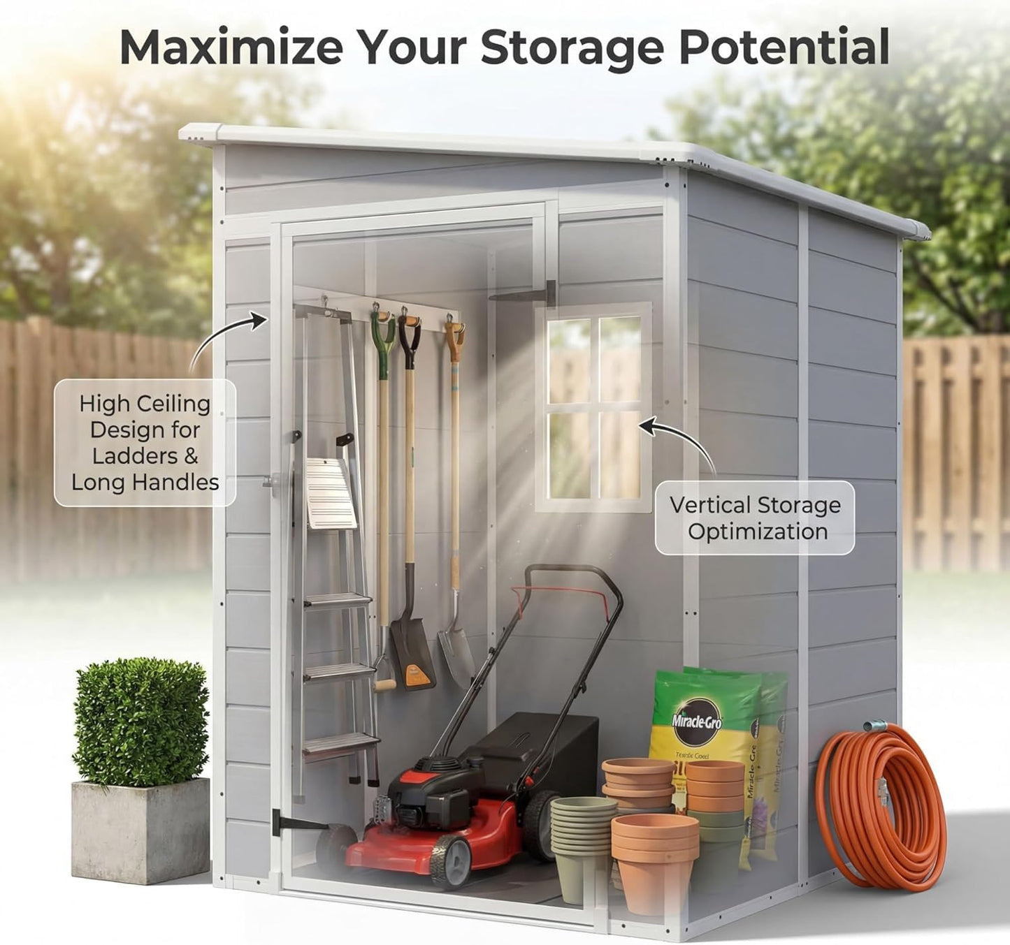 Devoko 5 x 4 FT Resin Outdoor Storage Shed with Floor, Plastic Tool Shed with Window, Outside Waterproof Garden Shed with Lockable Door for Patio, Lawn, Backyard, Poolside, Light Grey