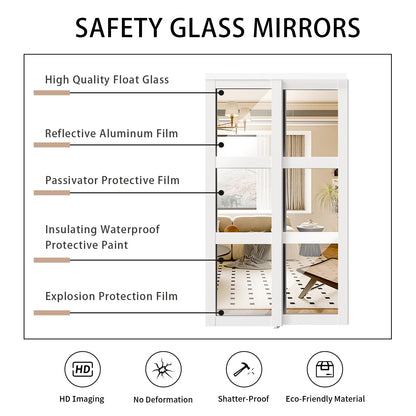SOLRIG Mirror Closet Doors, Sliding Closet Doors for 60in (30.98in x 2) x 80in Openings, 3-Lite Mirror Design, Includes Hardware Track Kit and Floor Guide, Pre-Drilled for Easy Assembly, MDF, White