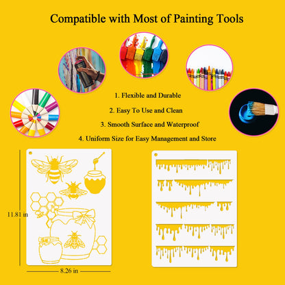 8 Pcs Bee Stencils for Painting on Wood, Honeycomb Hexagon Drawing Template Honey Comb Bee Stencil for Wall Canvas Furniture DIY Crafts Decorative Wood Burning (Honeycomb)
