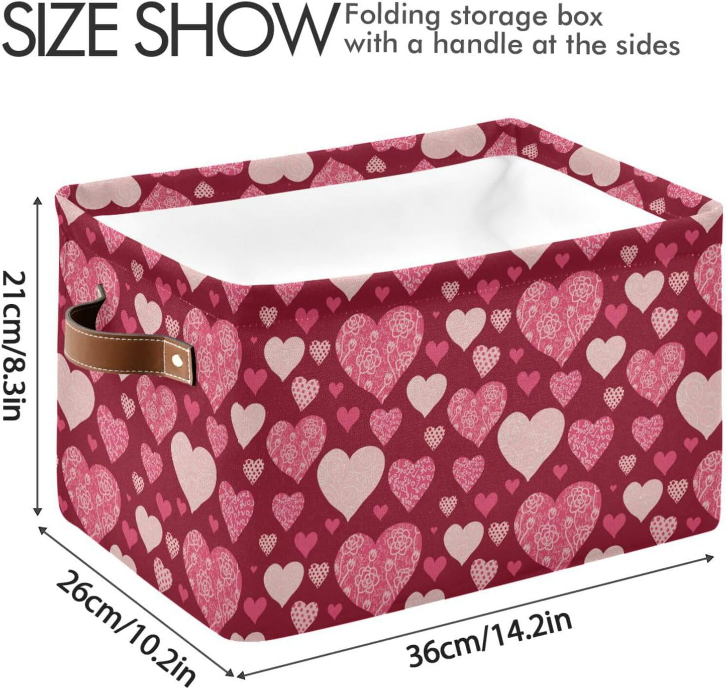 Happy Valentine's Day Storage Basket, Fabric Kitchen Bins in Pink Purple Love Heart, Foldable Organizer Bag, 16×12×8