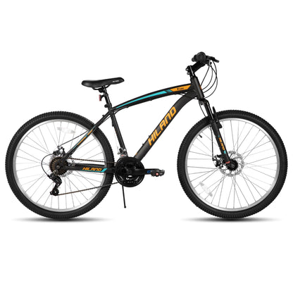 HH HILAND Mens and Womens Mountain Bike, 26 Inch 18 Speed Mountain Bicycle with Dual Disc Brake, Front Suspension Fork, High Carbon Steel Frame Urban Commuter Bike for Adults, Black Orange