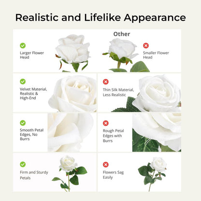 Auihiay 14PCS White Roses Artificial Flowers, Velvet Silk Faux Roses with Long Stems for Mother's Day, Wedding Centerpieces, Anniversary, Party, Home Decoration & DIY Floral Arrangement
