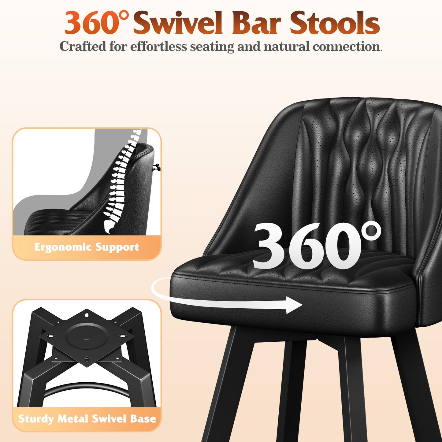 Memobarco Swivel Bar Stools with Backs, 26 Inches Counter Height Bar Stools Set of 3, PU Leather Upholstered Counter Barstools with Metal Legs and Footrest for Kitchen Island, Home Bar, Black