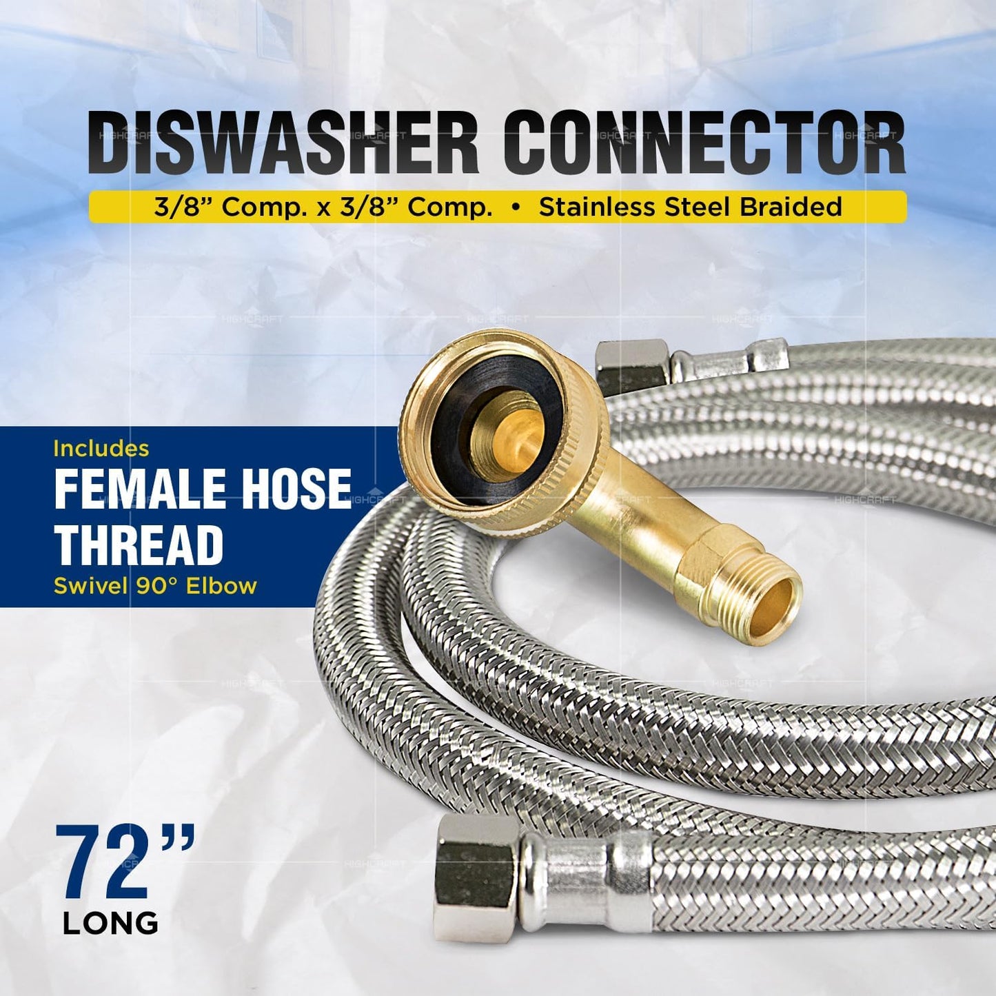 CNCT28772-OM Connector - Dishwasher Supply Line with Swivel Elbow, Braided Stainless Steel, 72 Inch