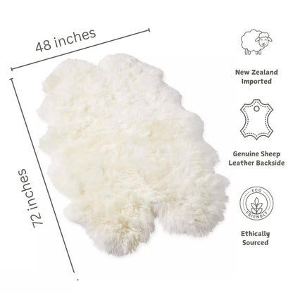 Woolous Sheepskin Rug 4x6 ft - Large Genuine New Zealand Lambskin Wool Quad Pelt Sheep Skin Fur Throw Area Rug for Nursery, Bedroom, and Living Room Decor (Ivory-White)