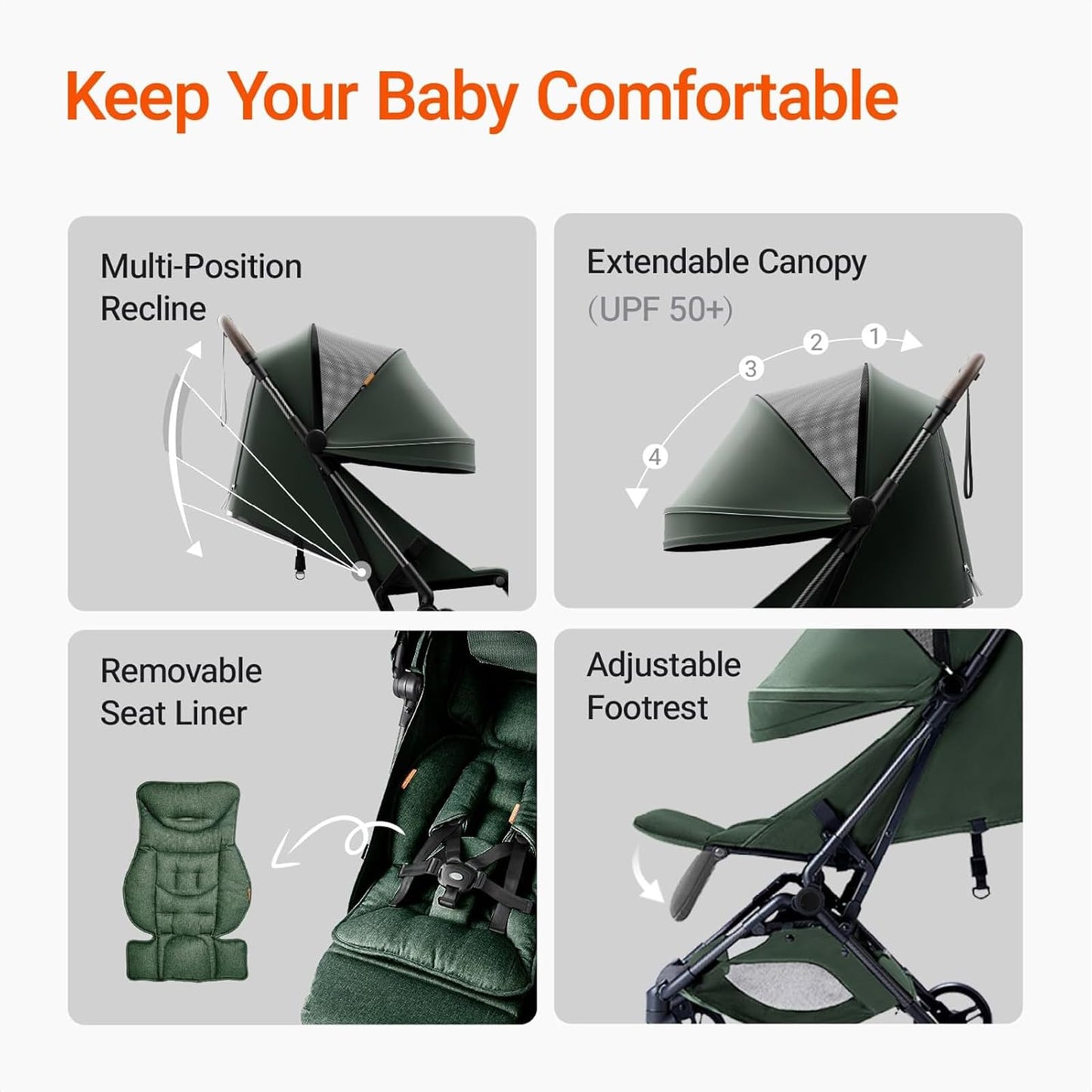MAMAZING Ultra Air Lightweight Baby Travel Stroller with Carbon Fiber Frame, Compact & Airplane-Friendly, One-Handed Fold, 11.6 lbs, Perfect for Toddlers, Organizer & Cushion Included, Green