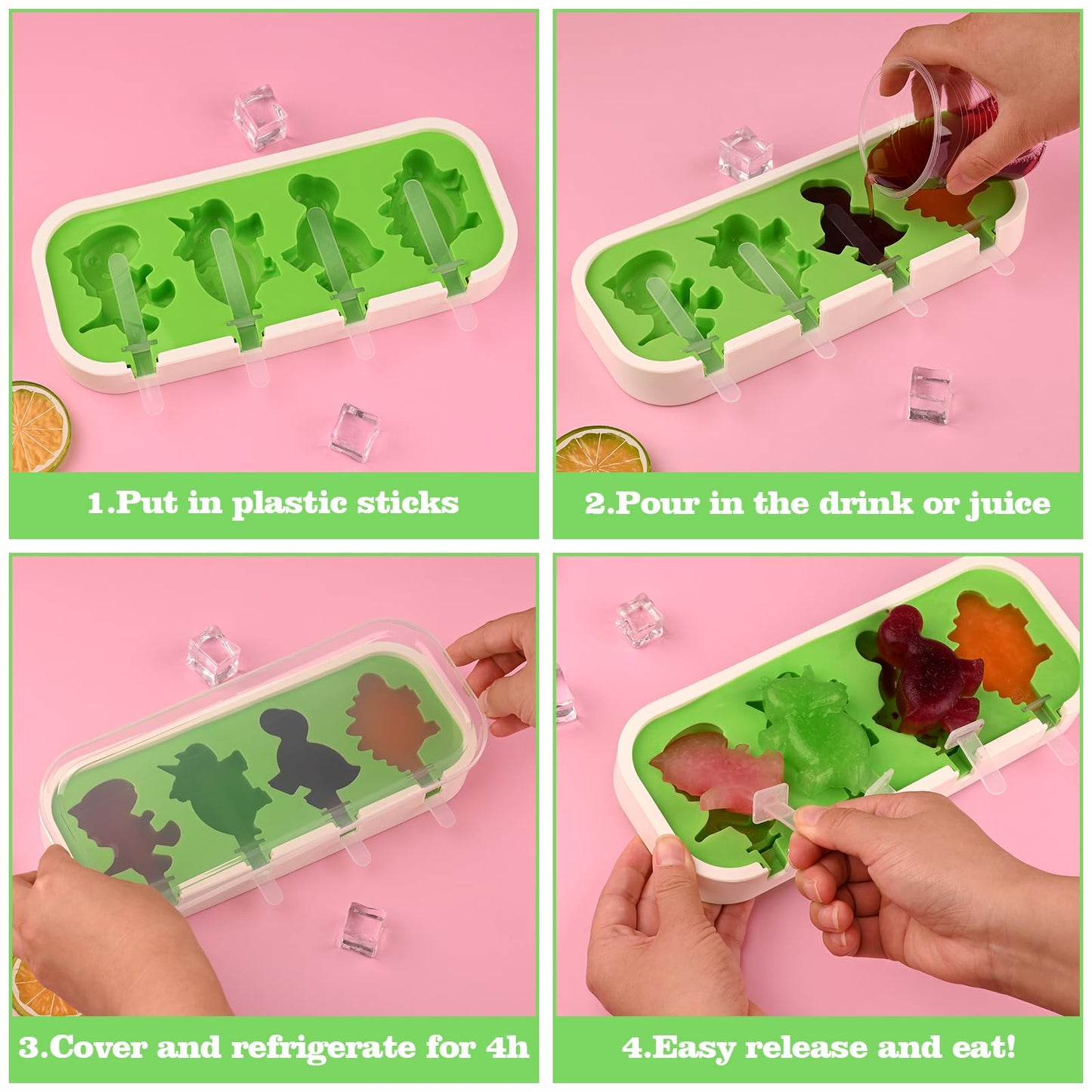 Sakolla 2 Pack Silicone Popsicle Molds with Sticks & Lid, 4-Cavity Mini Popsicle Molds for Kids - Cars, Ships, Train, Rocket and Dino Shapes (Green & Blue)