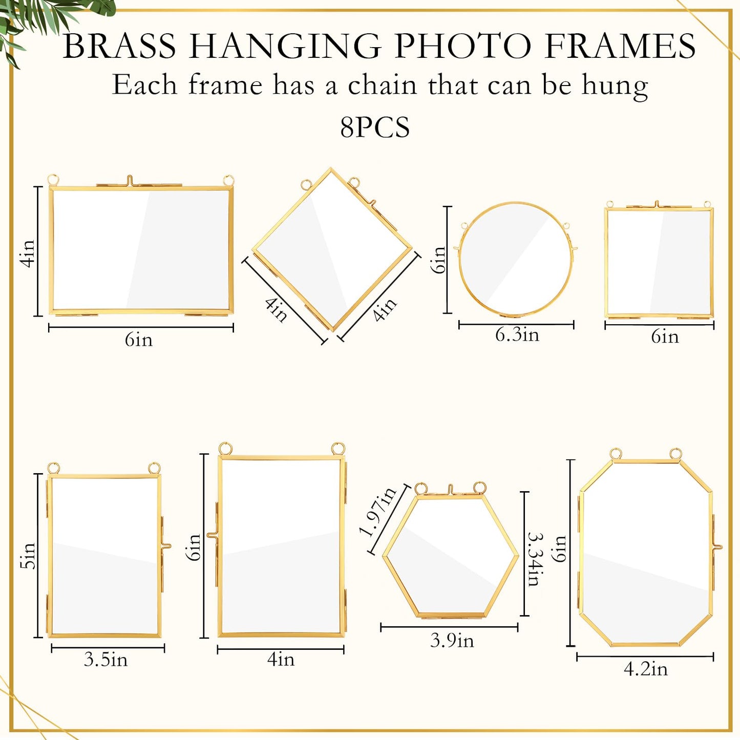 Barydat 8 Set Double Glass Pressed Flower Frames Gifts Wall Hanging Photo Picture Frame with Bag Dried Flowers Chains Gift for Artwork Frame Home Decor Plant Photo Display, 8 Shapes(Gold)