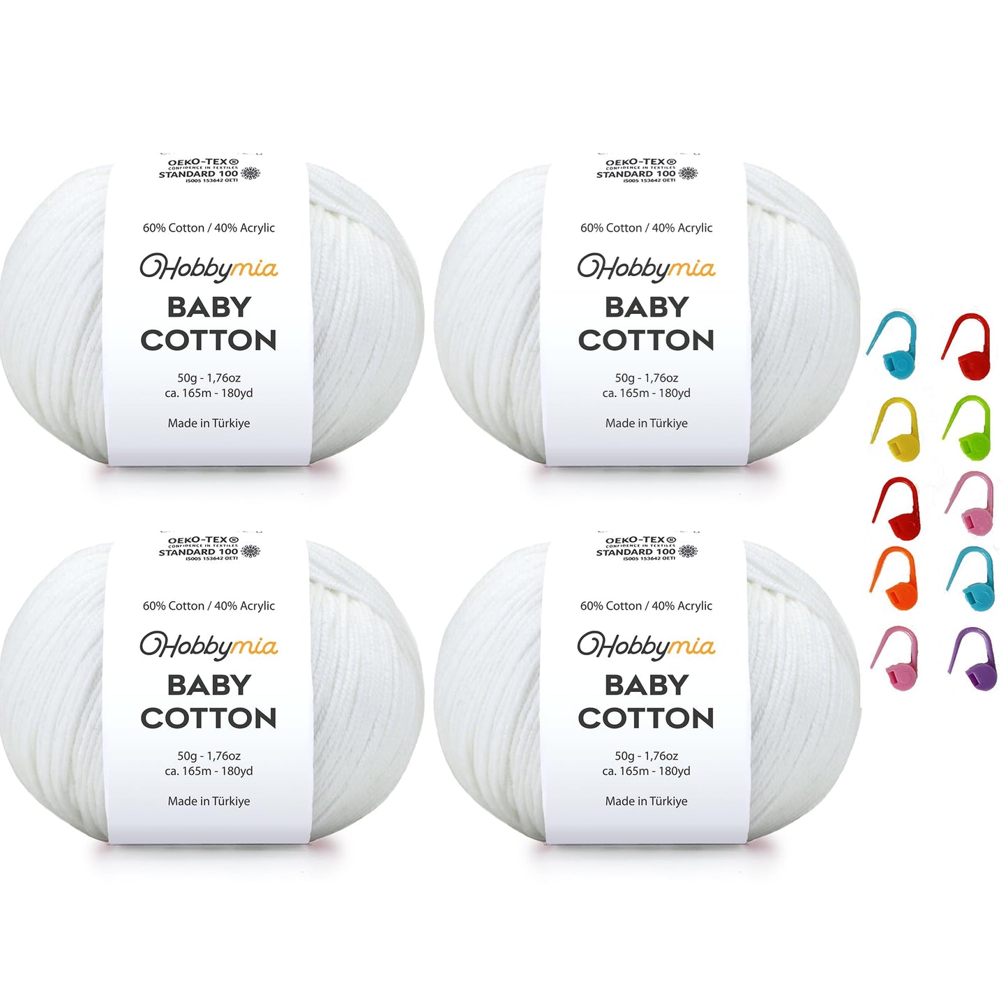 HobbyMia Baby Cotton Blend Yarn – Soft Sport Weight Yarn for Crochet & Amigurumi - 50g/180yds - 60% Cotton 40% Acrylic - Ideal for Baby & Knitting Proj. & 10 Stitch Markers(White, 4 Balls)