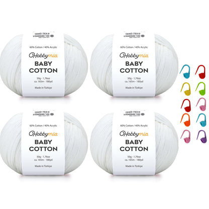 HobbyMia Baby Cotton Blend Yarn – Soft Sport Weight Yarn for Crochet & Amigurumi - 50g/180yds - 60% Cotton 40% Acrylic - Ideal for Baby & Knitting Proj. & 10 Stitch Markers(White, 4 Balls)