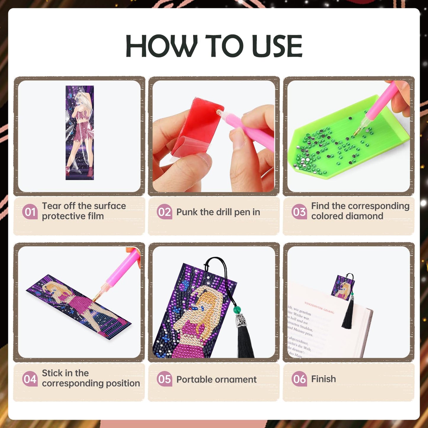 INCOK Singer Diamond Art Bookmarks - 6 Pcs DIY Pop Star Diamond Painting Bookmarks Kits Aesthetic Art Craft Festival Holiday Birthday Gift for Book Lovers Adult Beginners Fans Music Lover