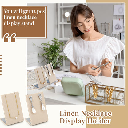 RattanView 12 Pieces Linen Earring Display Stand Necklace Pendant Jewelry Stand Showcase Organizer Display Holder for Earring Pendant Accessory Rack(Linen Color,Straight Style)
