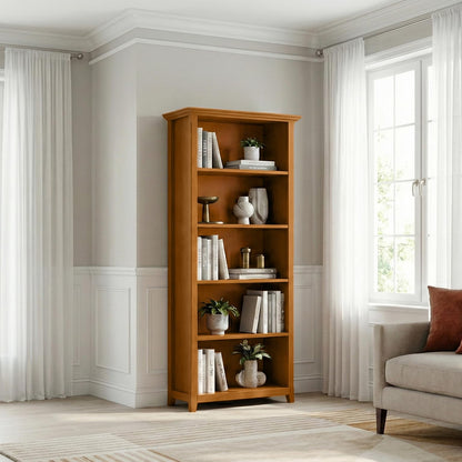 SIMPLIHOME Amherst Bookcase - 70 inch Tall 5-Shelf Solid Wood Bookshelf in Light Golden Brown, Transitional Storage for Living Room, Study Room or Office with Adjustable Shelves and Tapered Legs