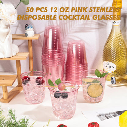 KesaPlan 50 Pcs Pink Plastic Cups, 12oz Disposable Stemless Wine Glasses for Cocktail Cute Clear Cocktail Wine Glasses Pink Party Cups for Valentine's Galentine's Day Wedding Christmas Party