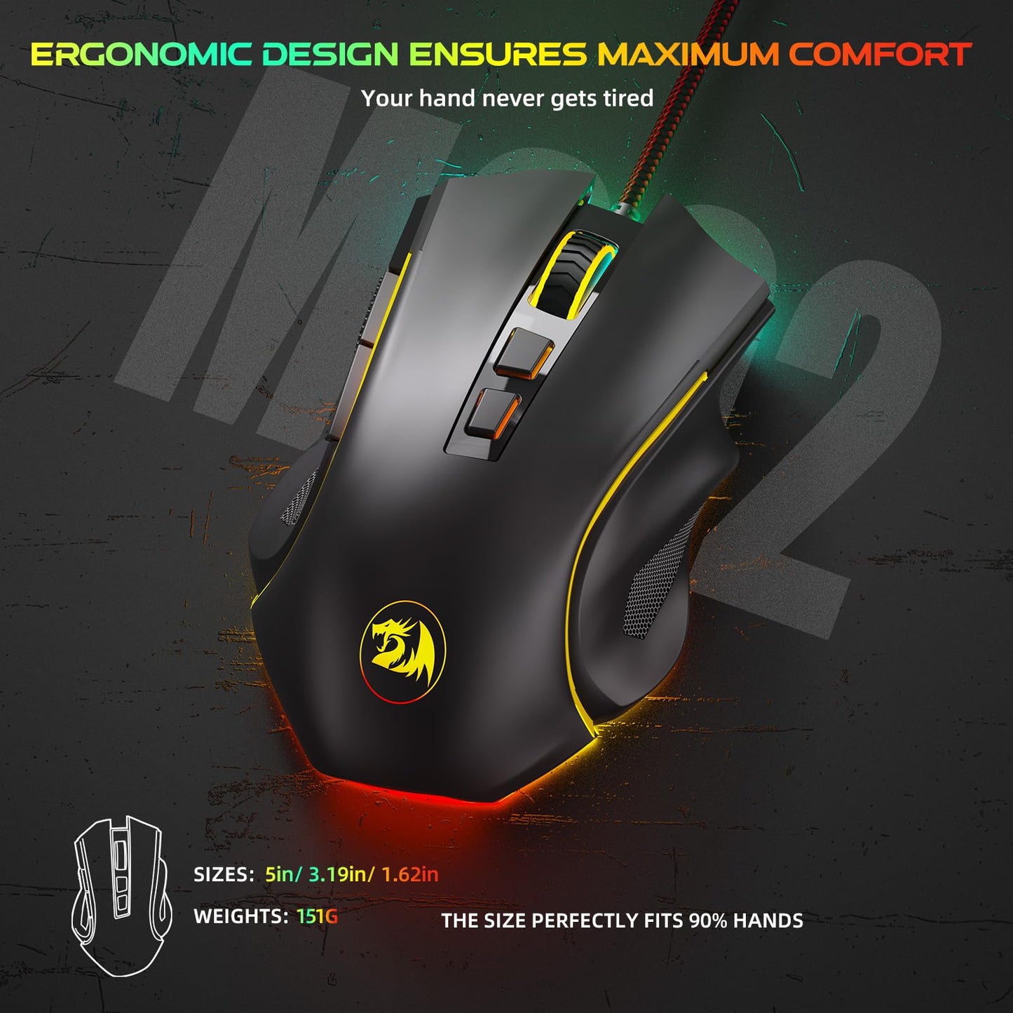 Redragon M602 Griffin RGB Gaming Mouse, RGB Spectrum Backlit Ergonomic Mouse with 7 Programmable Backlight Modes up to 8000 DPI for Windows PC Gamers (Black, Wireless)