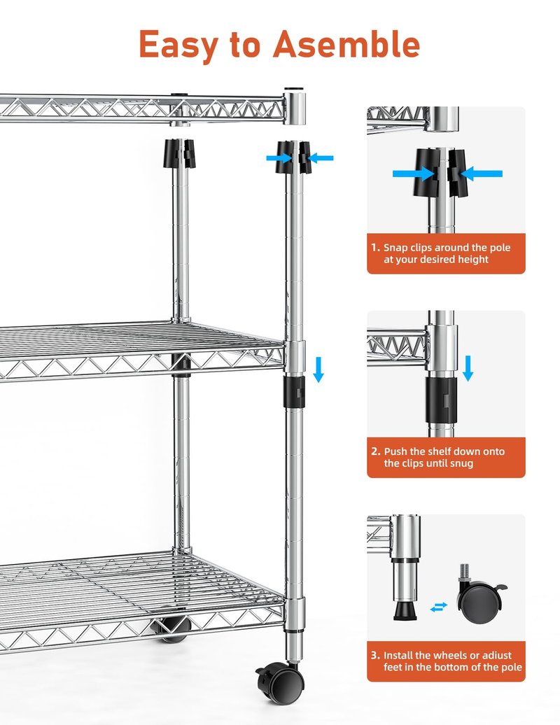 Simple Deluxe Heavy Duty 3-Tier Storage Shelves 750Lb Capacity, 24.02" D x 13.78" W x 29.92" H Adjustable Shelving Unit with Wheels, Chrome