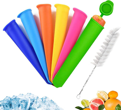 Wpunwen Silicone Ice Pop Mold with Lids, 6 Pcs Reusable Popsicle Molds, Durable Pure Color with Clean Brush