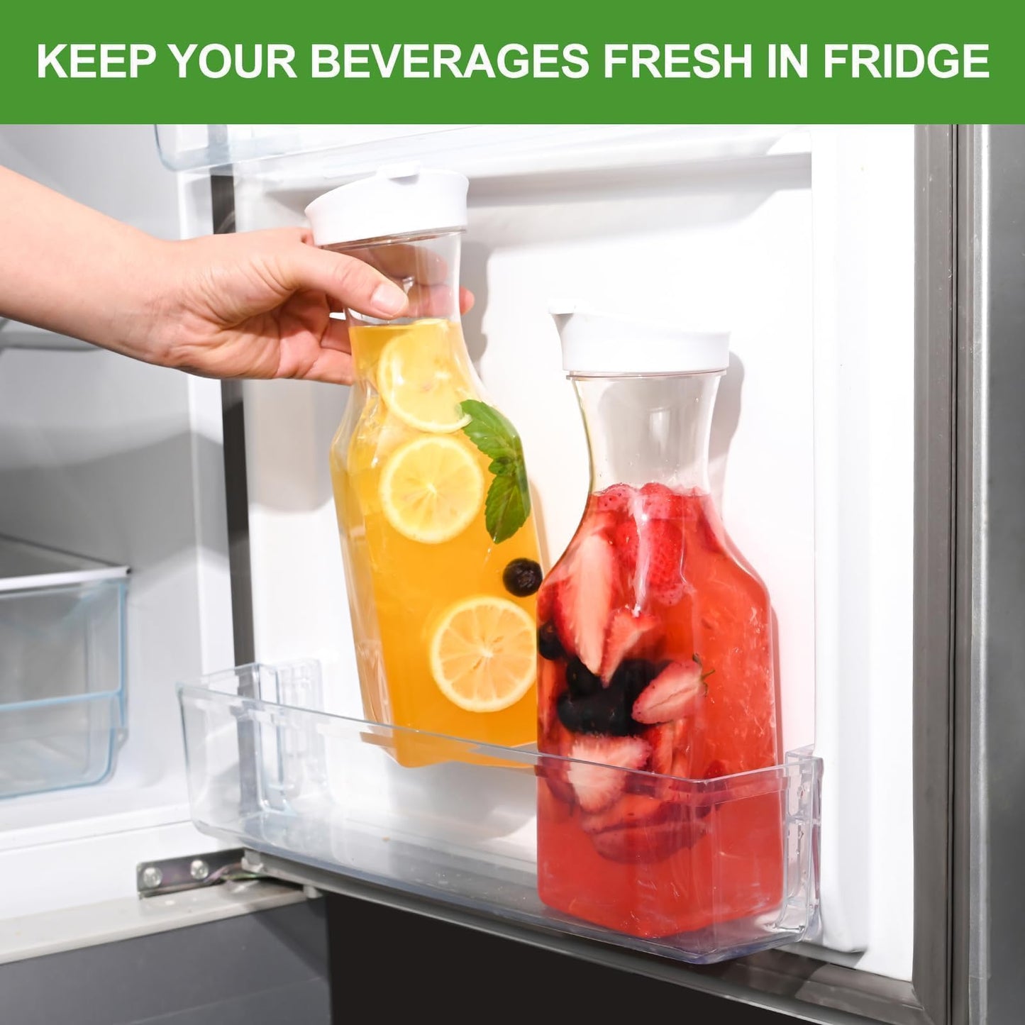 Set of 4 Plastic Carafe with Lid, 1 Liter Mimosa Bar Supplies, Large Square Base Juice Containers, Water Bottle, Milk Container, Clear Beverage Containers for Fridge - HAND WASH ONLY