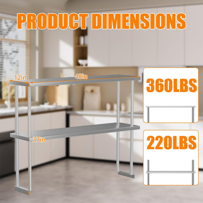 MilleLoom Overshelves, Stainless Steel 12'' x 48'' Overshelf, Commercial 2 Tier Shelf for Prep & Work Table in Restaurant, Home and Kitchen