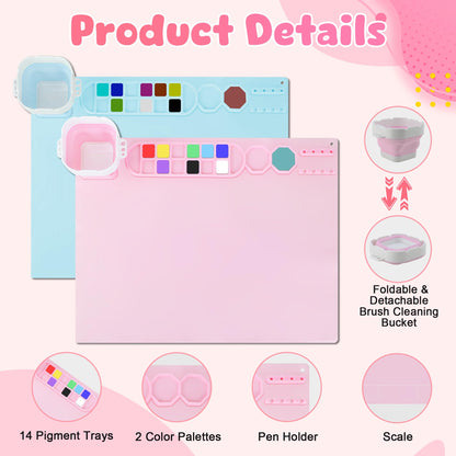 MEKOTRIN 2PCS Silicone Painting Mat, 20"X16" Art Mat with Cup and Palettes, Silicone Craft Mat has 16 Color Dividers, Paint Mat for Artist Clay DIY Creations(Pink+Blue)