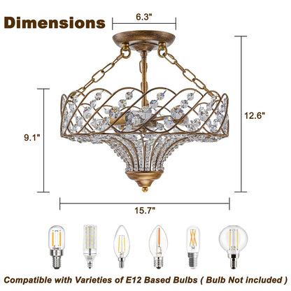 Yezgge 15.7" Vintage Semi Flush Mount Ceiling Light,Antique Gold Crystal Basket Chandelier,3-Light Rustic Metal Ceiling Light Fixture for Dining Room,Kitchen,Bedroom,Foyer,Hallway