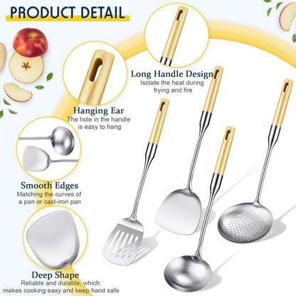 Stainless Steel Kitchen Cooking Utensils Set, Specialty Chinese Wok Utensils with Skimmer, Slotted Spoon, Spatula Turner