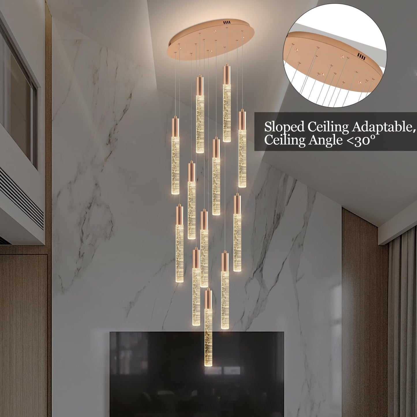 Upfelw Modern High Ceiling Crystal Chandelier 12-Lights, Large Spiral LED Raindrop Foyer Pendant Lighting, Bubble Staircase Living Room Hanging Light Fixture Flush Mount Gold