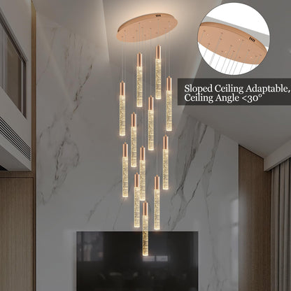 Upfelw Modern High Ceiling Crystal Chandelier 12-Lights, Large Spiral LED Raindrop Foyer Pendant Lighting, Bubble Staircase Living Room Hanging Light Fixture Flush Mount Gold