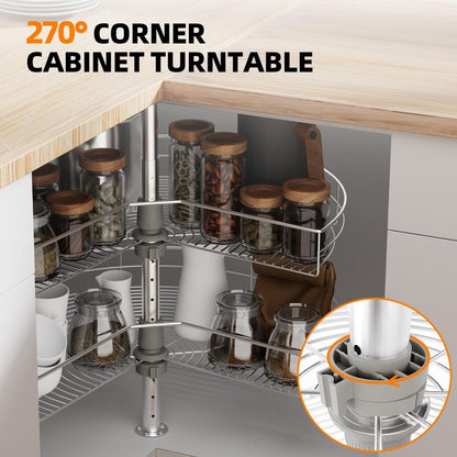 24" Corner Cabinet Turntable, 270° Rotating Basket Adjustable Height Kitchen Shelf Turntable, 2 Tier Rotating Basket 304 Stainless Steel Rotating Storage Rack for Kitchen Corner Cabinets