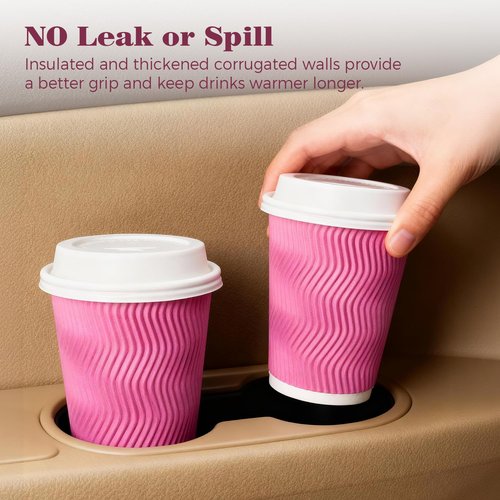 Charmount 100 Pack 12 oz Pink Disposable Insulated Coffee Cups with Lids - Ripple Wall Hot Paper To-Go Cups for Coffee, Tea, Cocoa, and Drinks - For Valentines Day