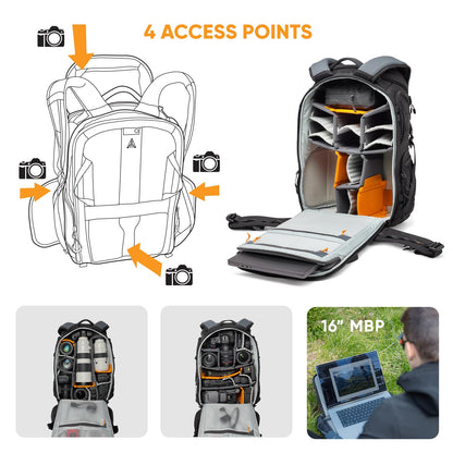 Lowepro ProTactic BP 450 AW III Camera Backpack, 4-point Access, Professional Camera Bag, DSLR/Drones/Mirrorless, Up to 16" Laptop, Rain Cover, for Photographer,Videographer, Volume 28L