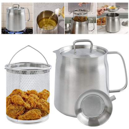 68oz 304 Stainless Steel Oil Filter Pot, Heavy Duty Bacon Grease Container & Deep Fryer Basket, Large Capacity Multi-function Oil Filter Vessel with Strainer for Kitchen Storing Frying Cooking Grease