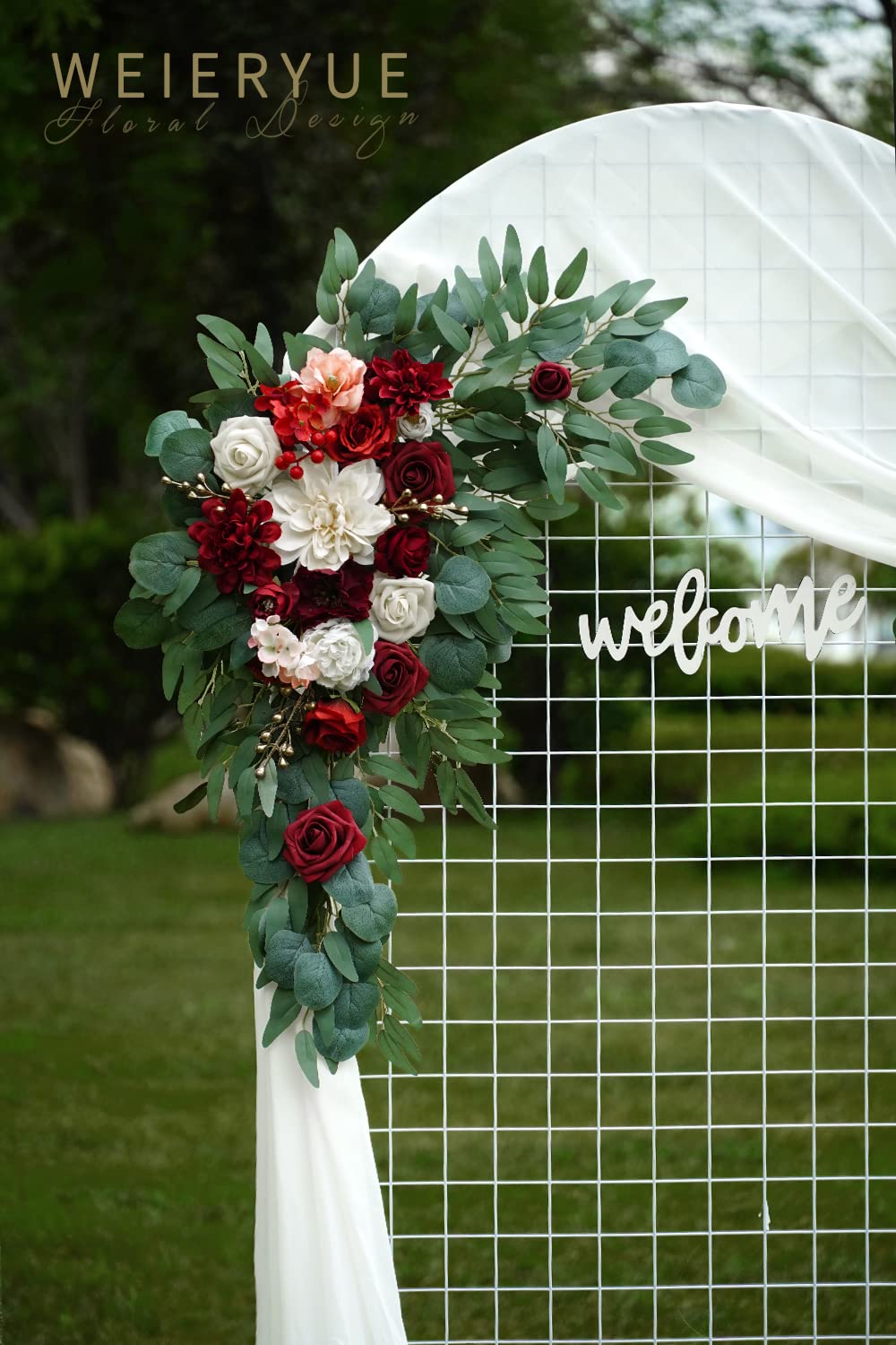 WEIERYUE Artificial Wedding Arch Flowers Kit(Pack of 3),2Pcs Artificial Flower Arch Decor,1Pcs Sheer Drape for Wedding Ceremony Arbor for WeddingCeremony (Burgundy Wedding)