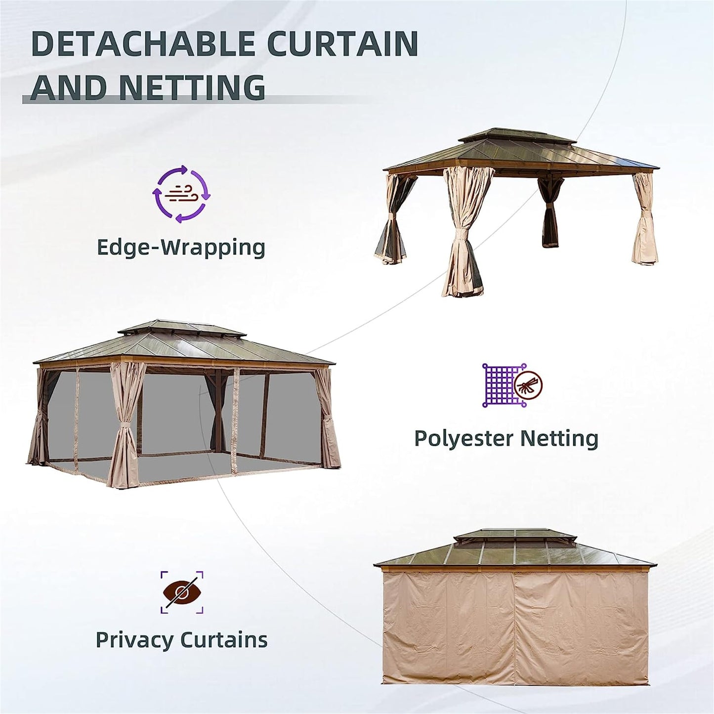 GOWE 12x16ft Hardtop Gazebo, Permanent Outdoor Gazebo with Polycarbonate Double Roof, Aluminum Gazebo Pavilion with Curtain and Net for Garden, Patio, Lawns, Deck, Backyard (Wood-Looking)