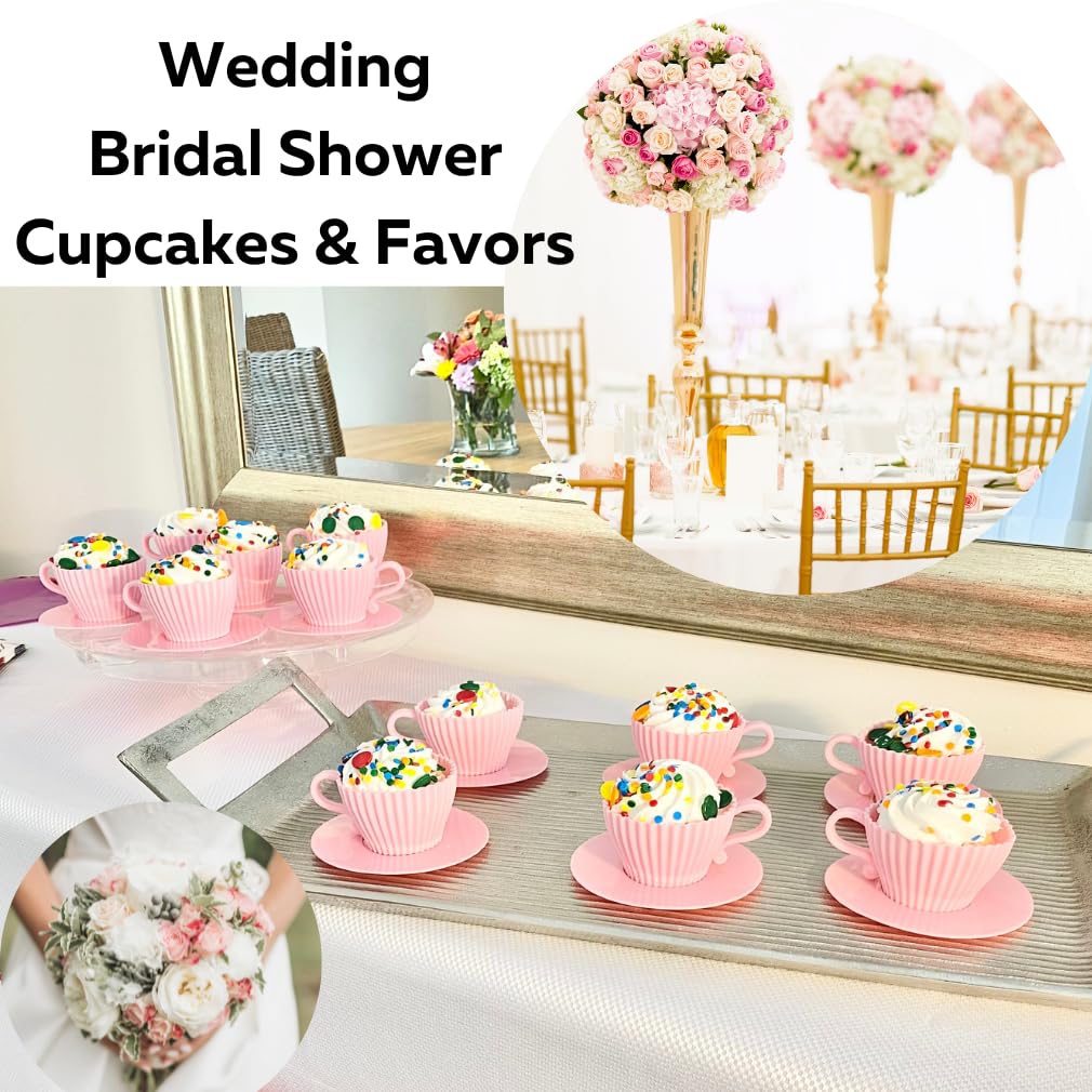 Evelots Baking Cupcake Molds - Silicone Teacup Set - 48 Pc Set - Oven-Safe - Nonstick - Muffin Cups for Bridal/Baby Shower, Birthday/Tea Party - 24 Cups & 24 Saucers - BPA Free