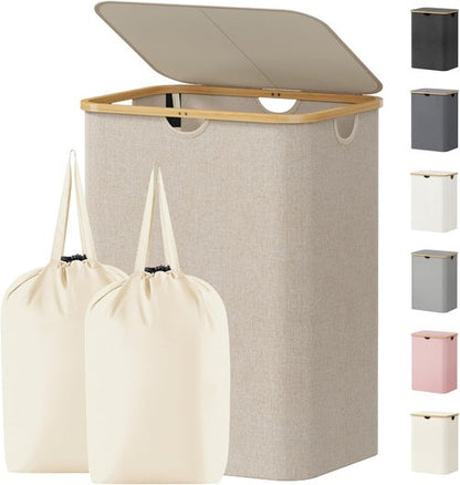 Lifewit 150L Laundry Basket - Foldable Hamper with Lid & Bamboo Handles | Beige, Large Capacity
