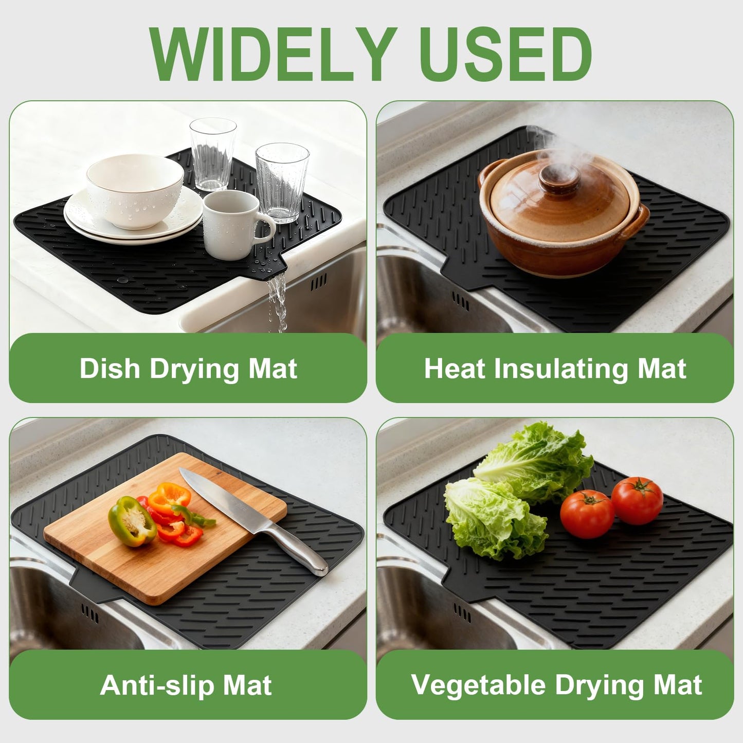 LKYLIVE Silicone Drying Mat, 23"X17" With Built-in Drain Lip,Heat-Resistant,Eco-friendly,Hygienic Drying Pad,Leak-Proof and Non-Slip,Silicone Dish Drying Mat for Kitchen Counter or Sink（Black 23X17）
