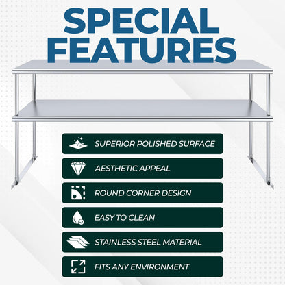 KPS Stainless Steel 2-Tier Overshelf – 14" x 48" NSF Certified Adjustable Double Shelf for Commercial Kitchen Prep Tables