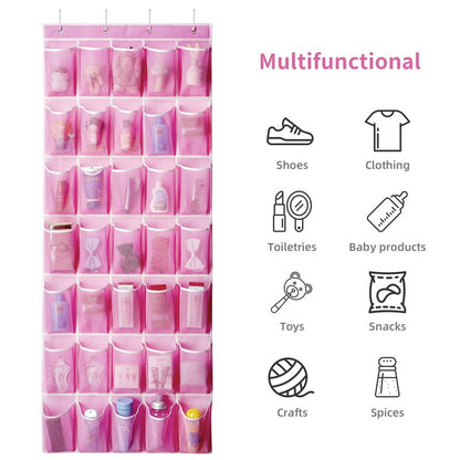 SAVERHO 35 Pockets Over the Door Shoe Organizer, Hanging Shoe Organizer for Door with 35 Mesh Pockets Large Capacity Shoe Hanging Storage Bag with 4 Metal Hooks (Pink-1Pack)