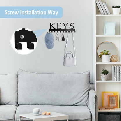 Black Key Holder Wall Mount, Decorative Key Rack Organizer with 10 Hooks, Metal Adhesive Keychain Holder