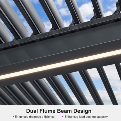 PURPLE LEAF LED Louvered Pergola 94AS 12'x 16' Full Aluminum Frame and Adjustable Roof Integrated Strip Lights for Outdoor Deck Garden Patio Gray Hardtop Gazebo Pergola