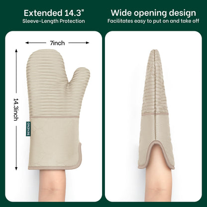 Beneno Kitchen Oven Mitts 2-Pack Heat Resistant to 500°F with Non-Slip Silicone Grip, Extra Long 14.3" Forearm Protection, Soft Quilted Cotton Terry Lining, Ideal for Cooking, Baking, Grilling, Beige