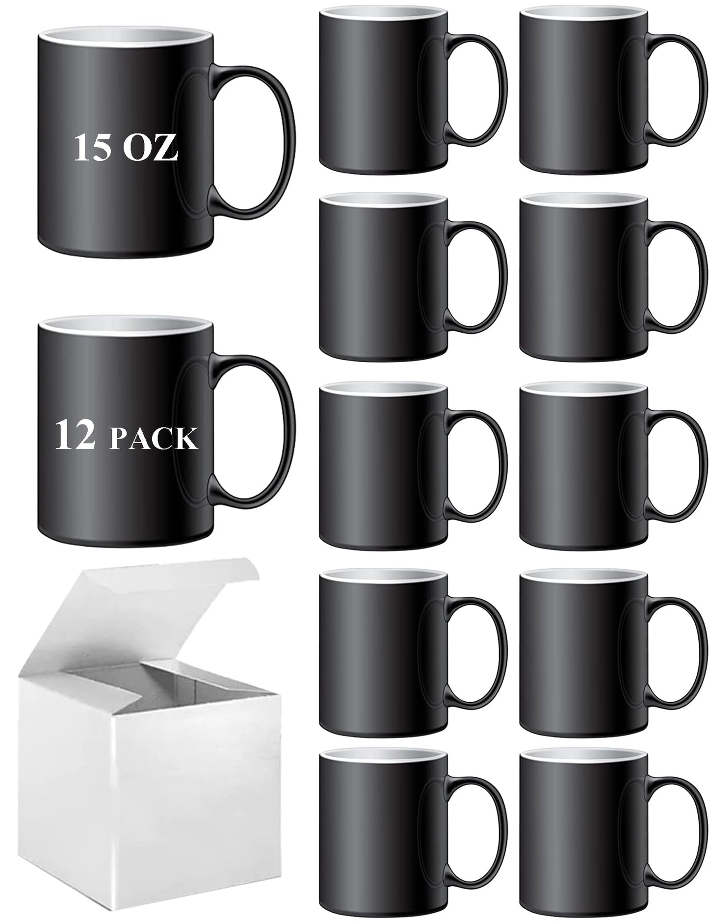 ABBSH Color Changing Mugs, Sublimation Mugs Black Color Changing Coffee Mugs Heat Sensitive Coffee Mugs Tazas Magicas Para Sublimacion 15 OZ With Box Set of 12