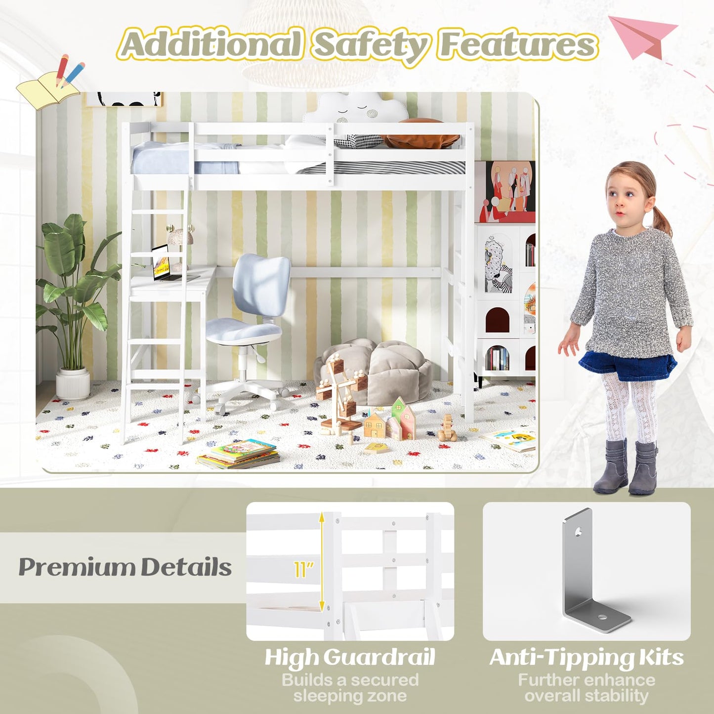 KOMFOTT Twin Loft Bed with Desk, Solid Wood Twin Bed Frame with 2 Ladders, Safety Guardrail for Teenagers, Space-Saving Loft Bed with Wooden Slats Support, No Box Spring Needed (White)