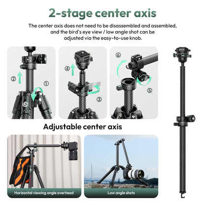 ULANZI JJ05 GlideGo Carbon Fiber Photo Tripod, Dual 360° Pan Head, 72.4 inch Max Height, 11 lb Load, UKA Quick Release, Professional Portable Lightweight Travel Tripod with Bag