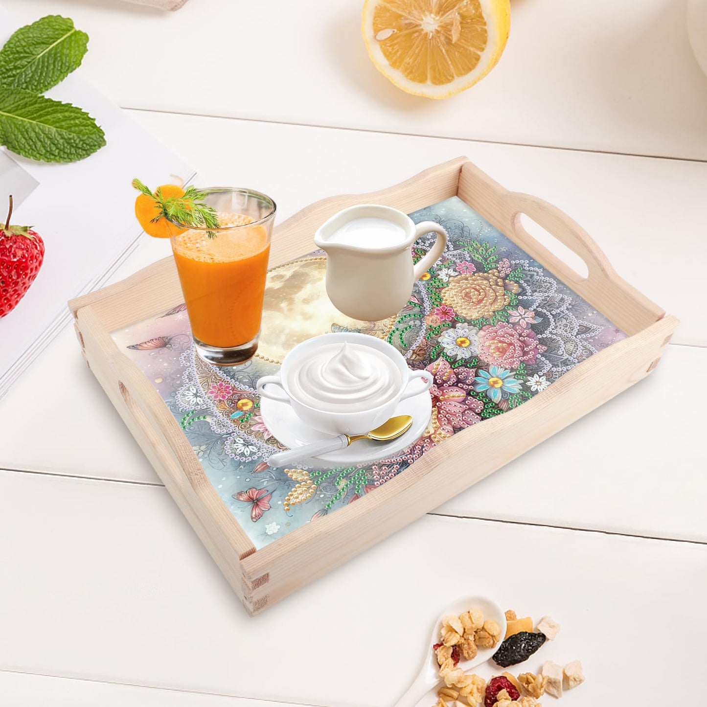 AiYuanzsh Moon Diamond Art Tray with Handle, 5D Diamond Painting Tray DIY Plate Kit for Adults, Decorative Diamond Art Serving Tray for Home Organizer