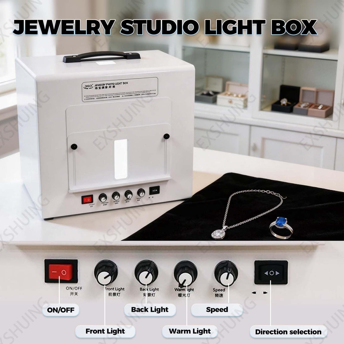 EXSHUING Jewelry Photography Light Box with Turntable, Dimmable Led Photo Tent – 360° Auto-Rotation, 1kg/2.2lbs Load, Hanging Bracket Included, 3000-5500k, CRI>92%, for Stunning Gemstone & Gold(TB30)